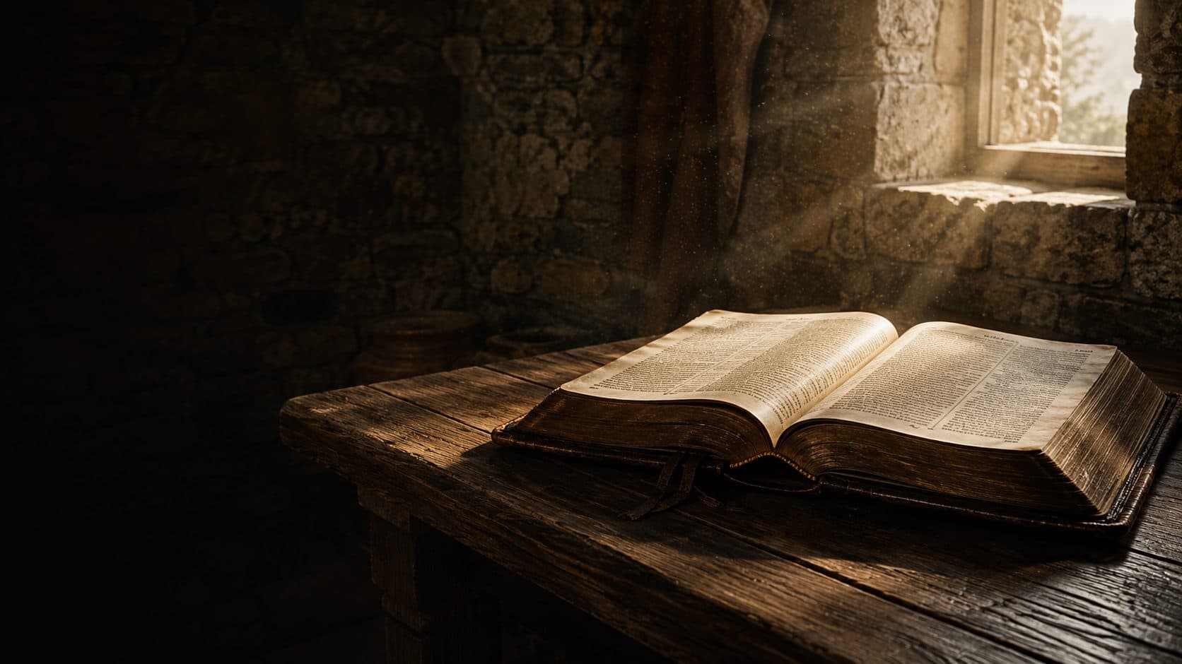 An ancient Bible lying open on a wooden table, lit by a stone window