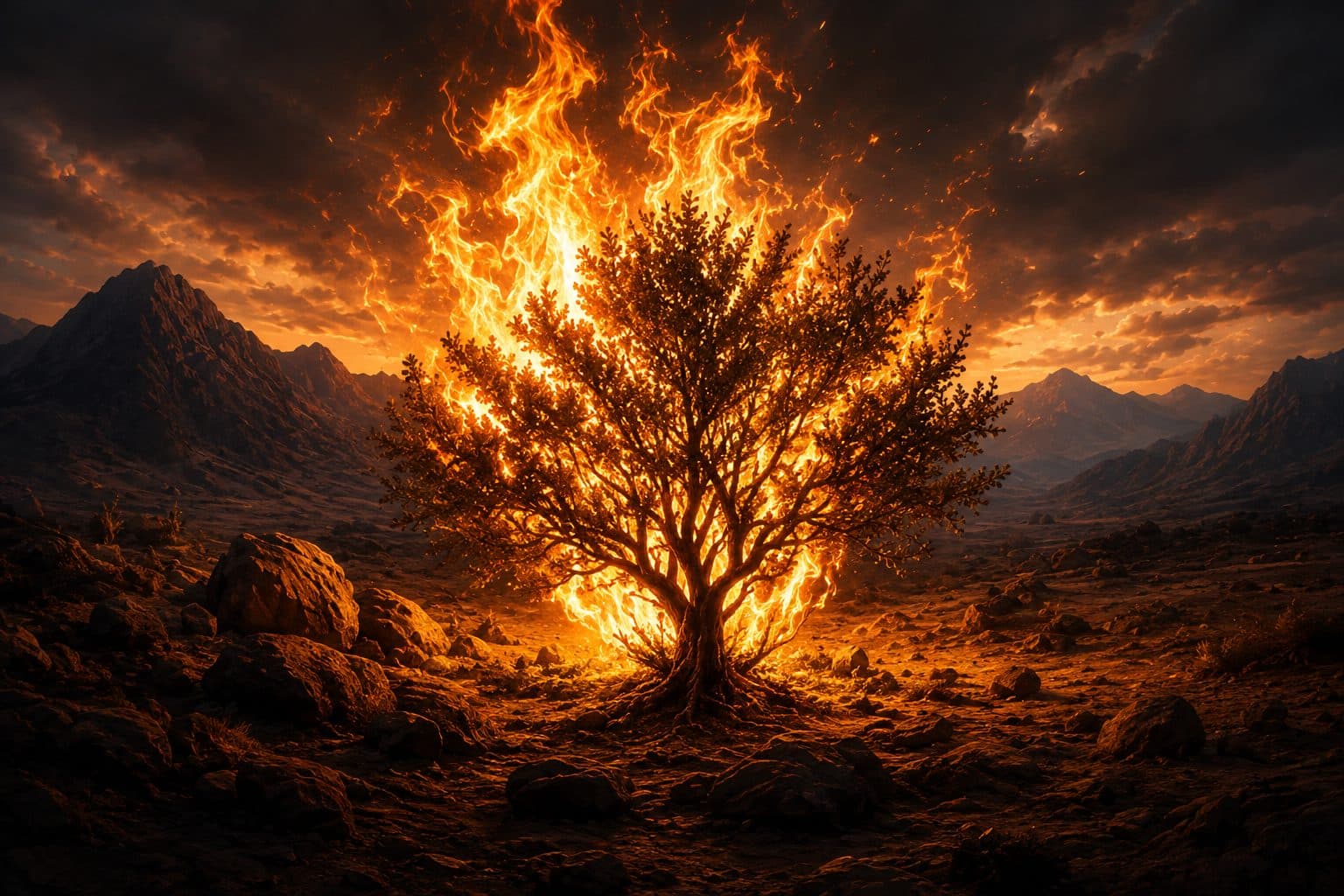 A bush burning and not consumed, in a desert of dark mountains
