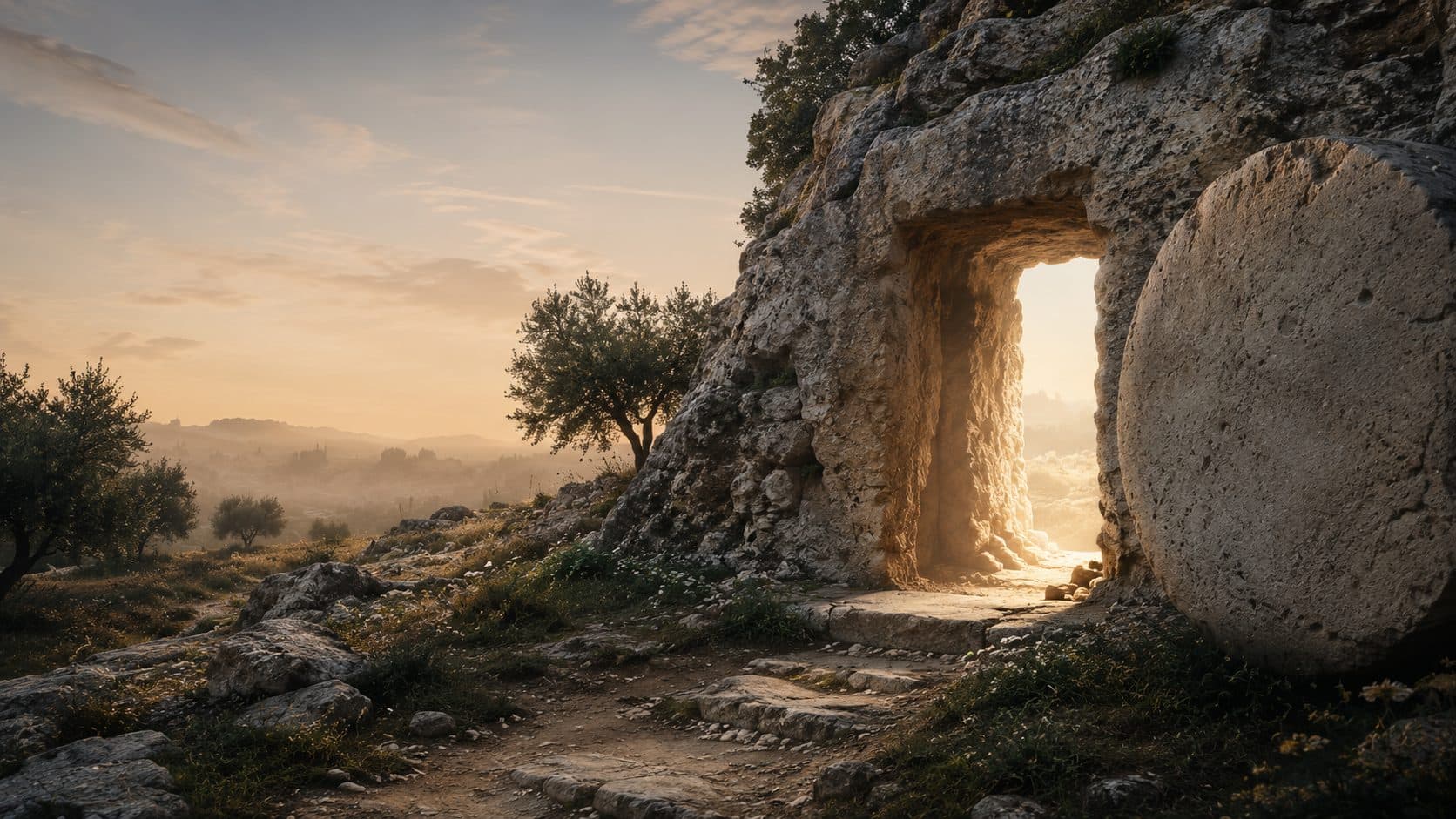 The empty tomb at dawn, the stone rolled away and light pouring out
