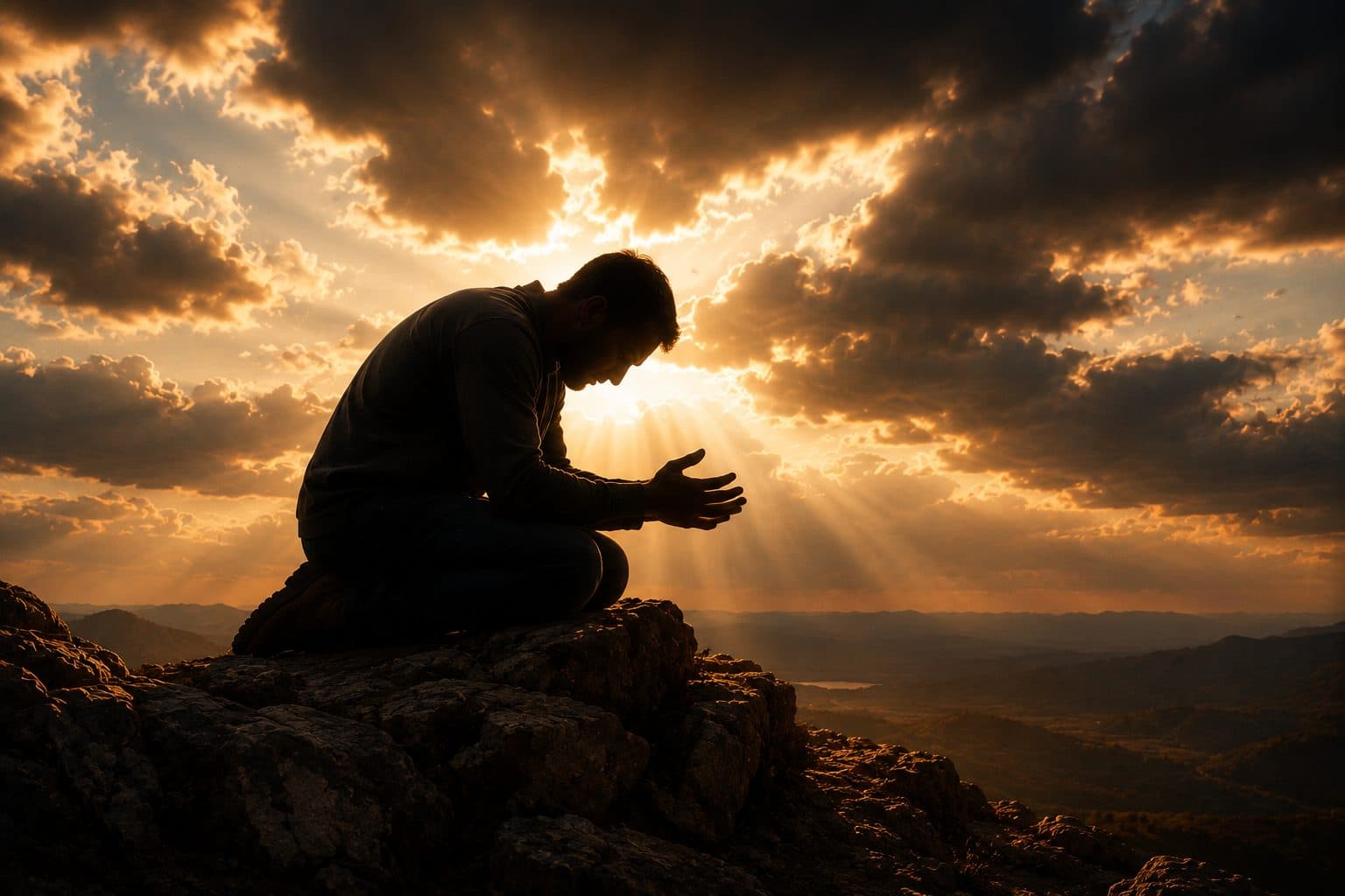 A man kneeling in prayer on a high rock as the sun breaks through clouds