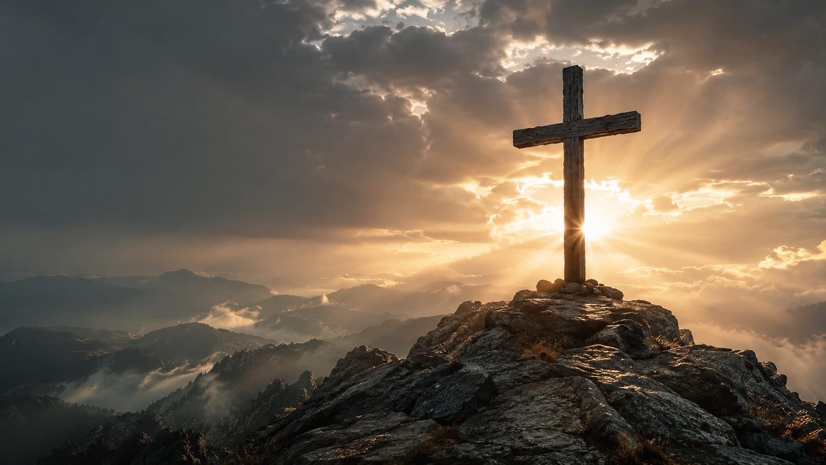 A wooden cross on a mountain summit, the sun breaking through cloud behind it