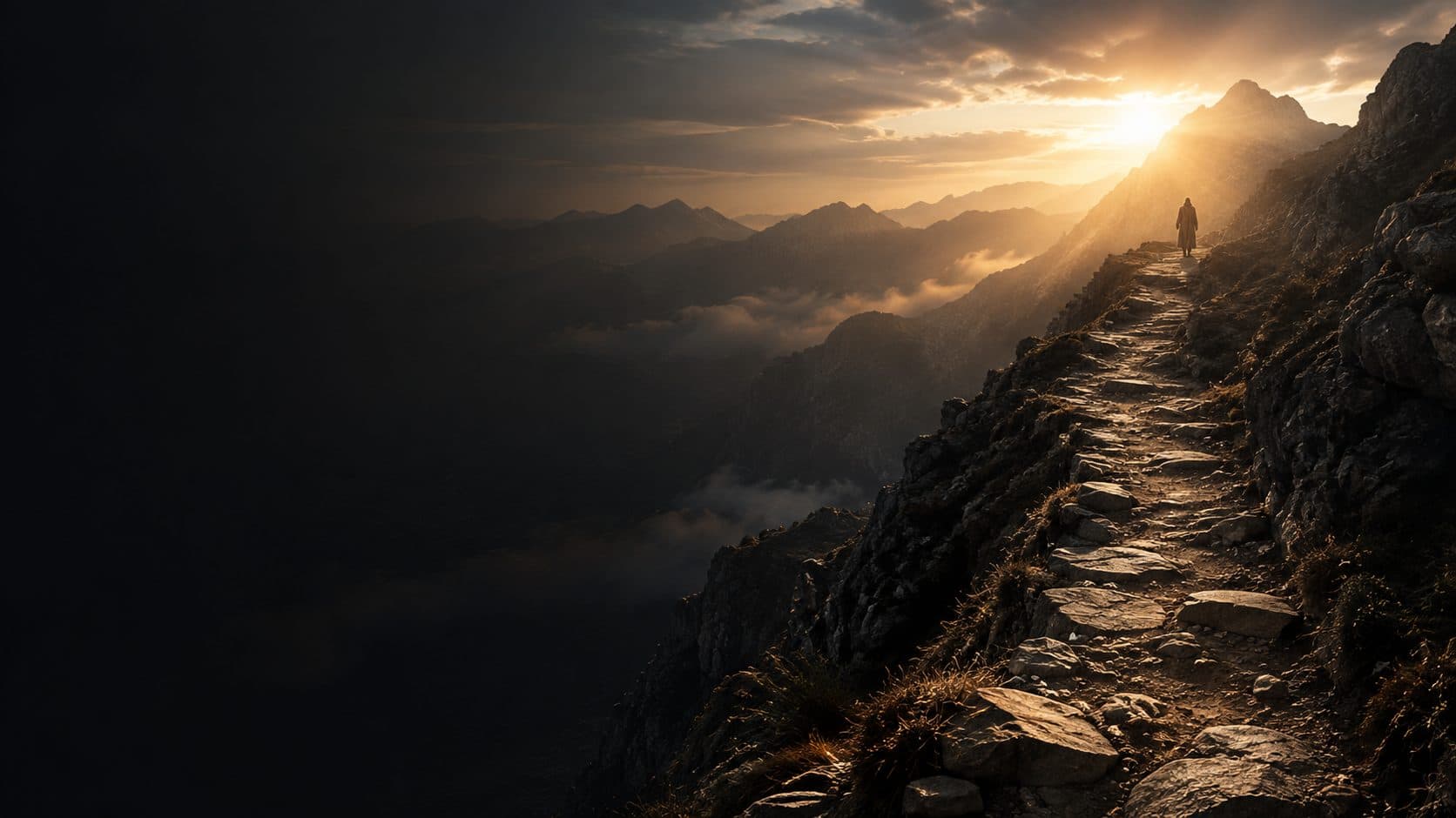 A robed man walking a stone path up a mountainside toward the rising sun
