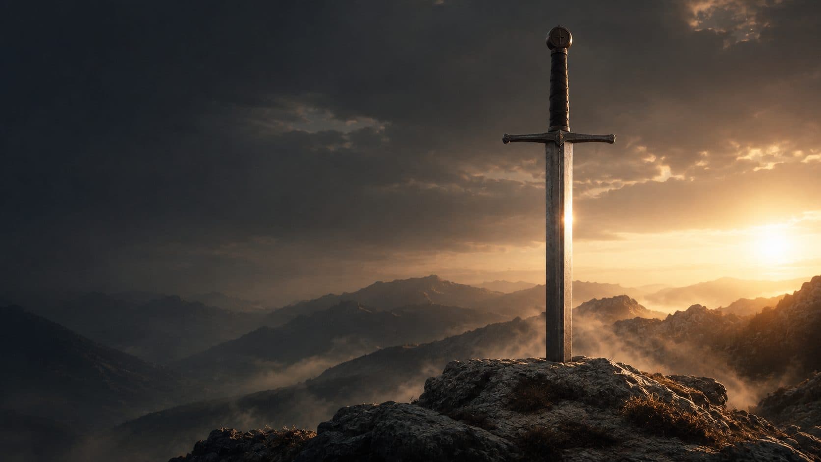 A sword standing point-down in the rock of a mountain summit at sunrise